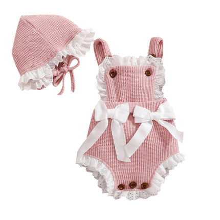 Cute Baby Girls Knitted Bodysuit Romper Sleeveless Lace Hem Crochet JumpsuitPlaysuit Hat Knitwear Clothes Set 2pcs