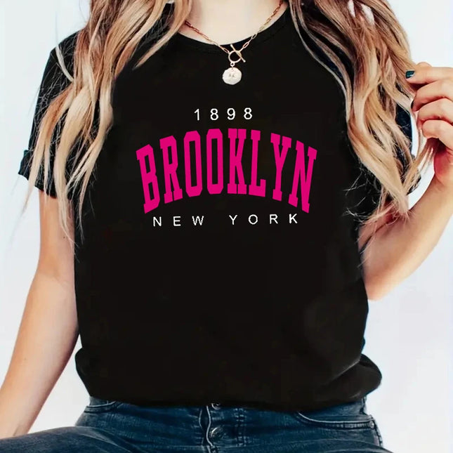 2024 New Summer Women T-Shirt 1898 Brooklyn New York Print Short Sleeve T-Shirts Warm Casual Streetwear Hip Hop Y2k Clothes Tops