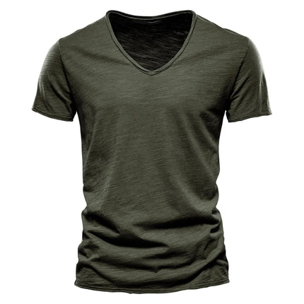 Brand Quality 100% Cotton Men's T-shirt V-neck Fashion Design Slim Fit Solid T-shirts Male Tops Tees Short Sleeve T-Shirt For Men