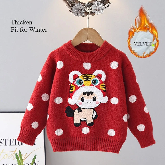 Chinese Style Element New Year Red Sweaters for Kids Girl Princess Festive Children Knitting Outwear Flocking Clothes IY12192