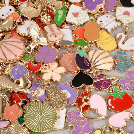 30/60/100pcs Random Mix Enamel/Drip Oil Charms For Jewelry Making Bulk Trinkets Charm Flower Heart Animal Bag Charm DIY Pendant
