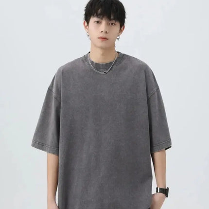 Summer men's washed T-shirt 230G pure cotton retro faded loose neutral basic short-sleeved loose fitness top