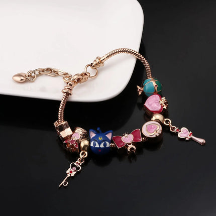 Anime Cartoon Moon Tsukino Usagi Enamel Keychain Necklace for Women Girl Magic Brooch Aino Minako Pin Cosplay Jewelry Gift