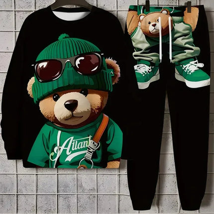 The new men's round-neck sweatshirt set for Spring and Autumn 2025 is a casual soft and comfortable 3D bear pattern print