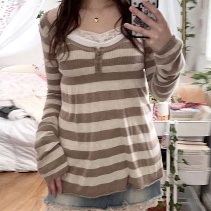 Fairy Grunge Sweater Pullovers Tops Women Y2K Stripped Babydoll Tops Vintage Long Sleeve Button Square Neck Knitted T-shirt