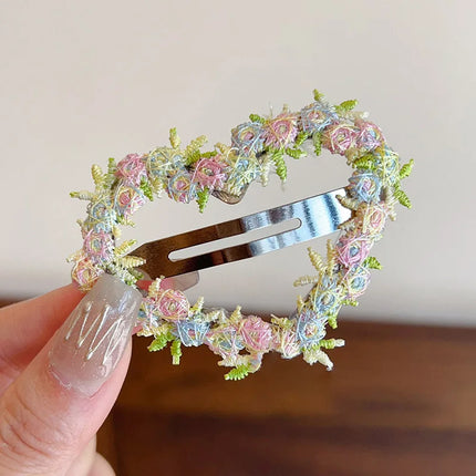 Sweet Flower Embroidery Hair Clips for Girl Love Heart Shaped Hairpins Princess Baby Barrettes Sided Clips Kids Hair Accessories