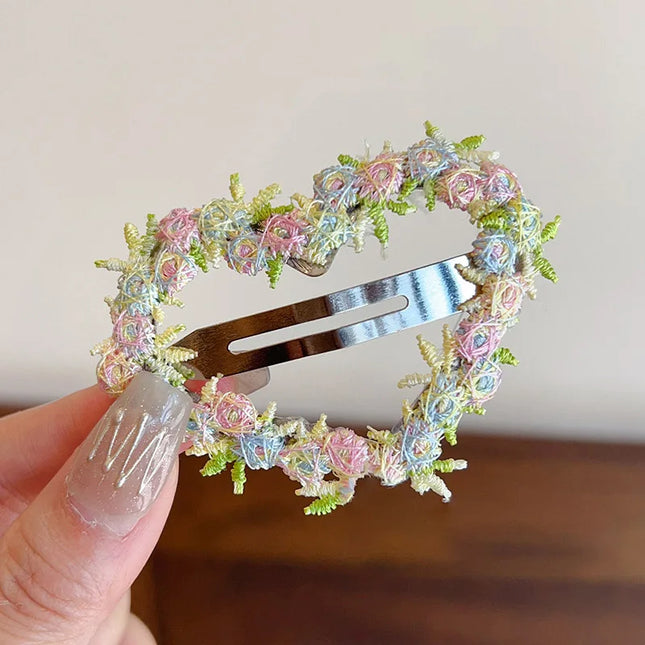 Sweet Flower Embroidery Hair Clips for Girl Love Heart Shaped Hairpins Princess Baby Barrettes Sided Clips Kids Hair Accessories