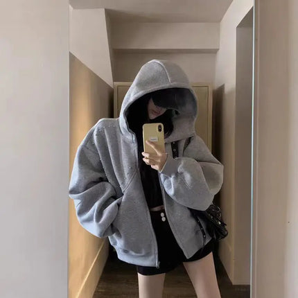 American Retro Rivet Splicing Cardigan Hooded Sweatshirt Women Fashion Loose Oversized Casual Vintage Classic Streetwear