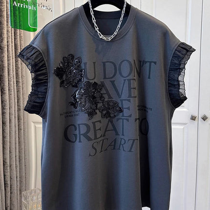 Heavy industry nail bead letter splicing mesh print fly sleeve T-shirt 2025 summer women's loose round neck fashion top