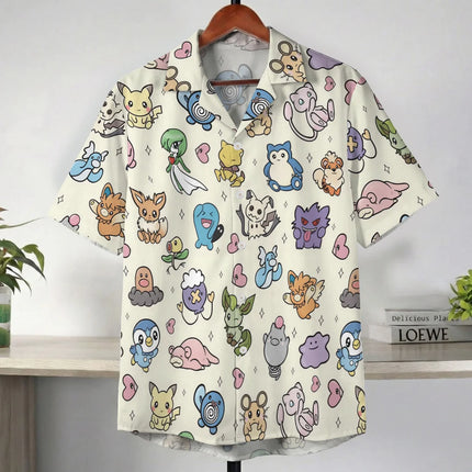 Pastel Yellow Kawaii Pokemon Character Hawaiian Shirt Summer Leisure Dry Quickly Men's T-Shirt Children's Clothing Tee Y2K Woman