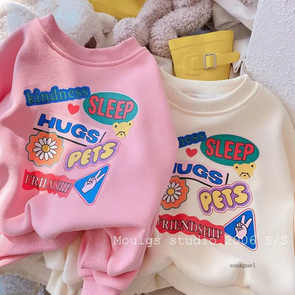 2025 Children's Clothing Autumn Winter Baby Girls Fleece Hoodie New Kids Letter Print Warm Pullover Sweatshirt Tops