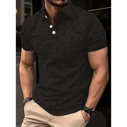 Men's summer polo shirt, black and white, polka dots, short sleeve, collar, casual, top, men's outdoor street polo shirt