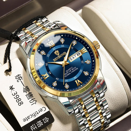 BINBOND Luxury Men Quartz Watch Waterproof Date Week Luminous Wristwatch Stainless Steel Men's Watches Male Clock Sports Reloj