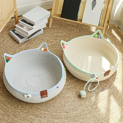 Durable 2-in-1 Cat Scratcher & Bed + Colorful Balls. Space-saving, natural style for cats & small dogs.