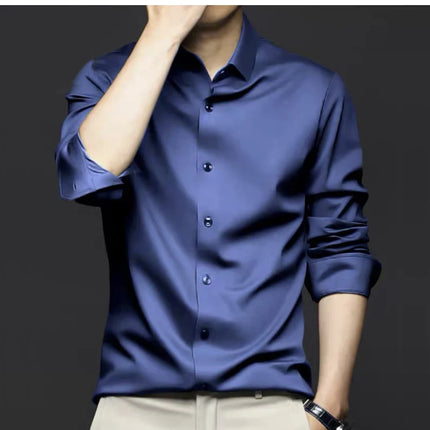 S-6XL Men's Blue Shirt Business Leisure Social Fashion High Quality Ice Silk Shirt Casual Work Top