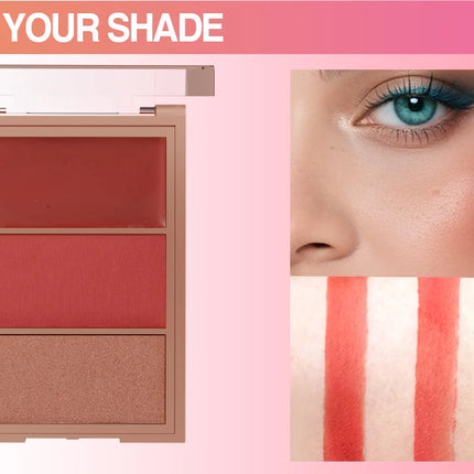 3-in-1 blusher red plate, durable, natural, easy to apply, waterproof, smooth and matte texture to create a perfect makeup