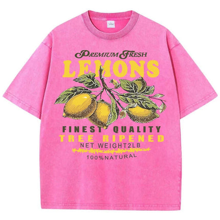 Premium Fresh Lemons Fruit Print Women Washed T-Shirts Y2K Comfortable Short Sleeve Loose All-Match T-Shirt Cotton Hip Hop Top