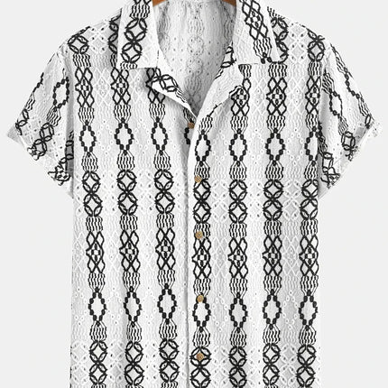 Summer 2025 Men's Short-sleeved Shirt With Black And White Stripes And Collection Pattern Print Single-breasted Fashion Shirt
