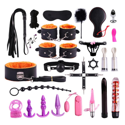 26-in-1 Mega BDSM Bondage Kit Plush Handcuffs Restraint Ball Gag Anal Plug Vibrator Sexy Lingerie Adult Sex Toy Set for Couples