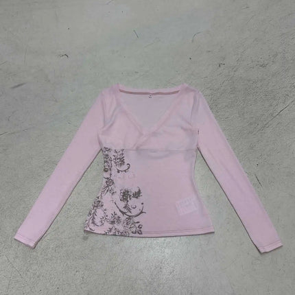 Pink Floral Print Women Fairy Y2K T-shirt Coquette V Neck Long Sleeve Tees Autumn Spring Casual Pullovers Tops Vintage Clothes