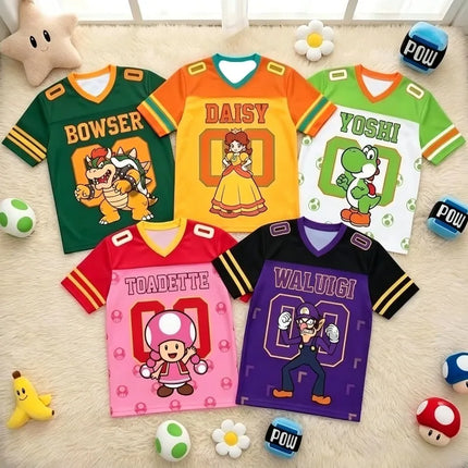Super Mario Bros Kids Jersey T-shirt V-neck Short Sleeve Boys Girls Casual Summer Tops Cartoon Game Streetwear Children Tee3-14Y