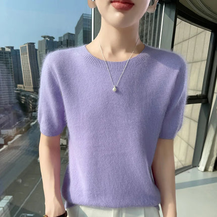 New Knitted Women's 100% mink cashmere short sleeved sweater T-shirt Simple and versatile Women's O-neck pullover FRSEUCAG brand