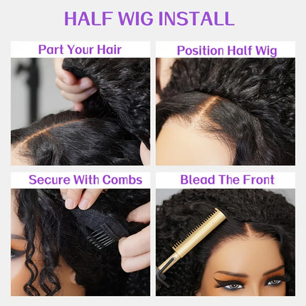 Burmese Curly Human Hair Half Wig 3-in-1 Glueless Natural Black  Spiral Ends With Drawstring Half Wigs for Beginners Wear And Go