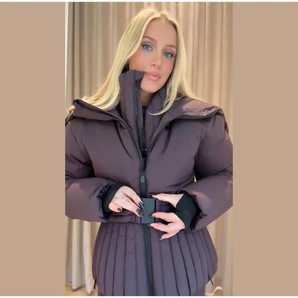 Women Peplum Ski Jackets Hooded Stand Collar Belt Waist Zipper Solid Puffer Jacket Fashion Sheath Warm Sport Winter 2025 Skiwear