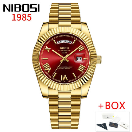 NIBOSI Brand Luxury Gold Red Quartz Watch for Men, Stainless Steel, Waterproof, Luminous, Date, Week, Fashion Men's Watches, Reloj Hombre