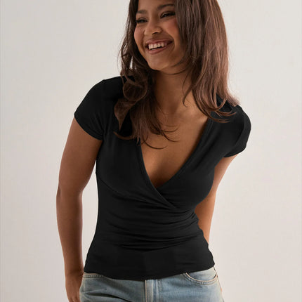 2025 Summer New Fashion Women's T-Shirt Solid-Color Slim-Fit V-Neck Short-Sleeve Top Y2k Clothing