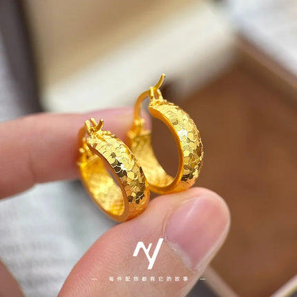Crushed ice 9999 24K real gold earrings, earrings for women, fashionable versatile ear jewelry  gift