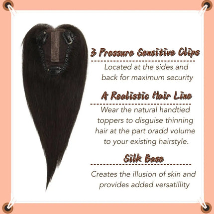 100% Remy Human Hair Natural Hair Topper HairPieces for Women Silk Base 3Clip in Toppers Hair Swiss Lace Hair Topper Breathable