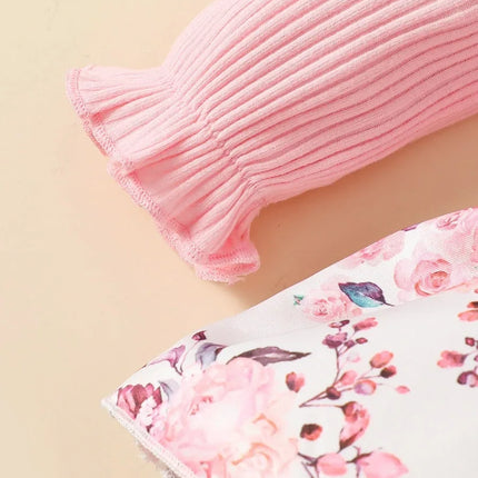 2PCS  Baby Girl Princess Romper Dress Long Sleeved Lovely Ribbed Floral Jumpsuit with Headband for Newborn Baby Girl 0-18 Months