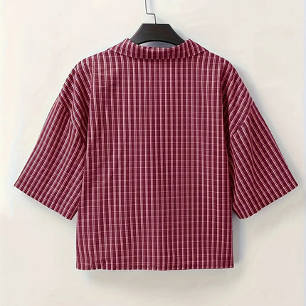 Men's Short-Sleeved Button-Up Shirt, Retro Red Checkered Striped Casual Shirt, Suitable for Summer Streetwear Tops