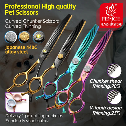 Fenice Grooming Scissors Diamond Screw 7.25 Inch Professional Curved Chunker Scissors Thinner Shears for Pet Groomers Tesoura