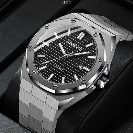 BINBOND Men's Watch Top Brand Royal Casual Men Big Dial Silver Stainless Steel Calendar Quartz Wristwatch Classic Luminous B0233