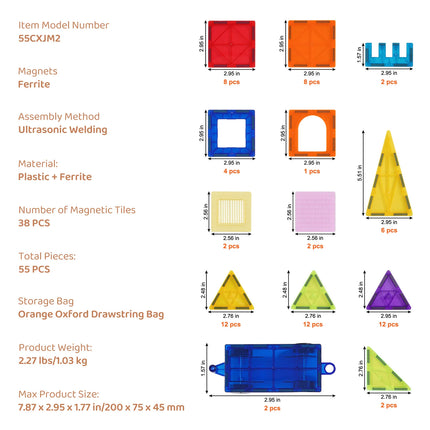 SucceBuy 55pcs Magnetic Building Blocks Construction Set Magnet Tiles Children Montessori Educational Game Toys for Kids Gifts
