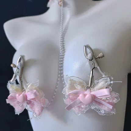 Pink Bow Heart Collar Sexy Nipple Clamps Sweet Style Accessories for Female BDSM Training Fetish Breast Binding Adult Sex Toys