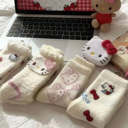 New Sanrio Hello Kitty Anime Merchandise Cartoon Cute Thick Warm Plush Socks Creative Kawaii Girl Heart Mid-Calf Socks Wholesale