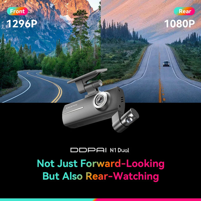 DDPAI Dash Cam N1 Dual Front & Rear Recording NightVIS 1296P Dash Cam Recorder Car DVR App Control