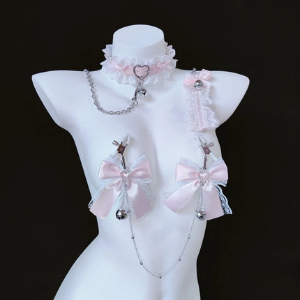 Women Butterfly Knot Bell Nipple Clip Cute Clamp Pink Collar with Traction Sexy Accessory Chest Chain Restraint Adult Sex Toys