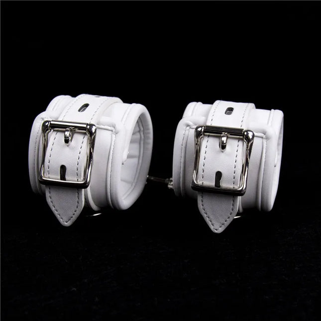 Soft Padded White BDSM Bondage Restraint Wrist Handcuffs Neck Collar Ankle Cuffs with Chain Slave Erotic Flirting Adult Sex Toys