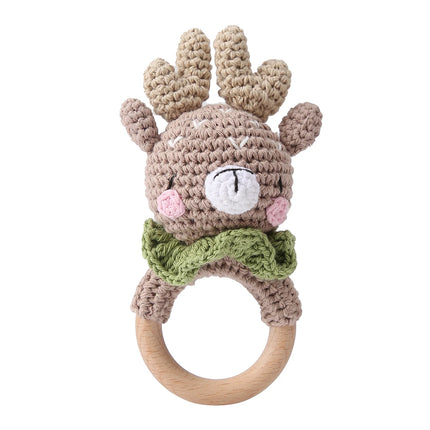 Set of 5 Handmade Crochet Animal Rattles Natural Beech Wood Rings Built in Bell Crisp Sound Teething Fine Motor Skills Baby Gift