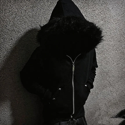 European American Plush Collar Square Rivet Cardigan Zipper Long Sleeves Hoodie Trend Street Winter Men's Women's Clothing Top