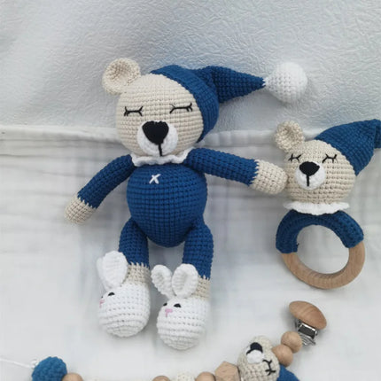 1 Set DIY Crochet Bear Baby Teether Newborn Bunny Rattle Toy Wooden Molar Teething Ring Pacifier Clips Chain Set Baby Stuff
