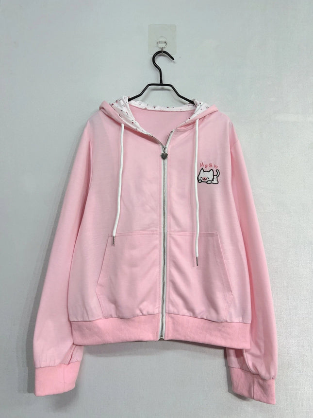 Women Pink Cutecore Hoodie Jacket Y2K Fashion Harajuku Cat Zip Up Long Sleeve Oversized Hooded Sweatshirt Cute Coat Clothes