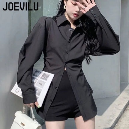JOEVILU White Shirt Women’s Waist-defining Blouse Slim Fit Long Sleeve Tops Figure-hugging Office Shirts Korean Style Clothes