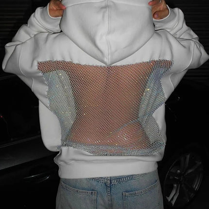Sisterlinda Hooded Harajuku Sweatshirt Women Autumn Trend Backless ShinyThrea Mesh Patchwork Casual Street Hipster Pulloverr