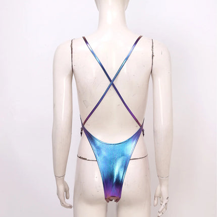 Adult Womens Metallic Shiny One-piece Bathing Suit No-pad No-wire Backless High Cutting Swimwear for Beach Pool Party