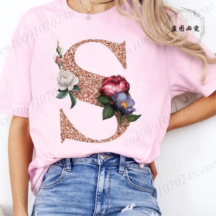 T Shirt for Women Clothing Summer Short Sleeve Tee shirts Rose Gold Letter A~Z Printed Graphic Tops Female T-Shirts Clothing